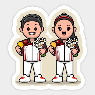 Cute Boy And Girl Winning Champion Cartoon Sticker